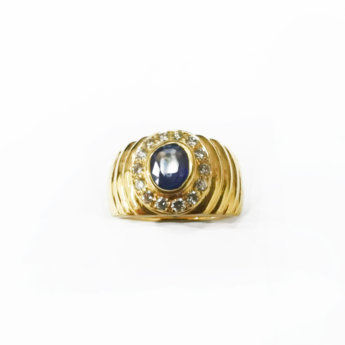 18K YG BLUE SAPPHIRE, DIAMOND RING